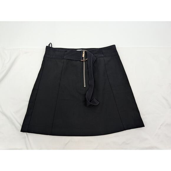 Mango Dresses & Skirts - Mango Black Skirt Attached Belt Size 6 Front Zip Preppy Neutral Basic Staple